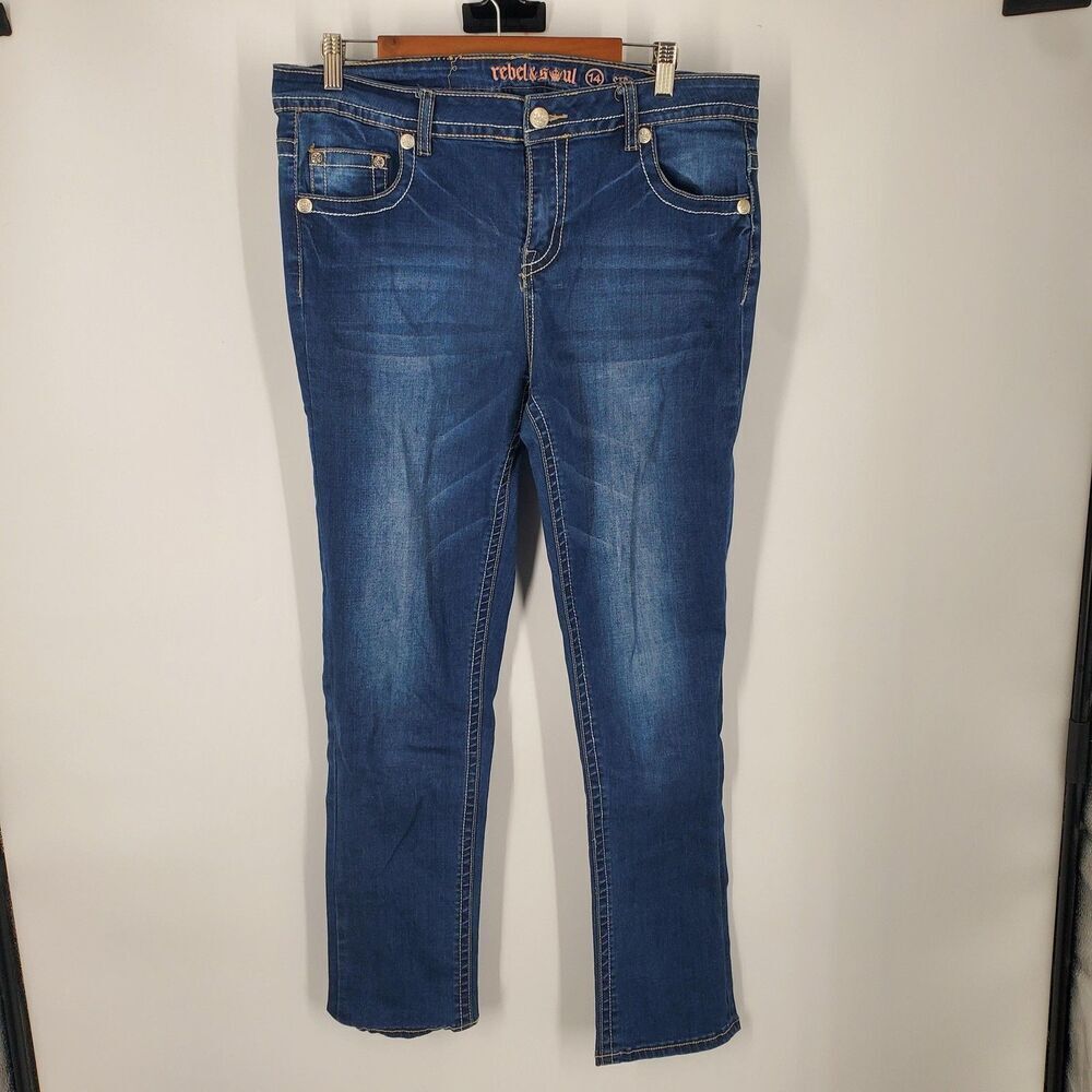 Rebel Soul Jeans Womens 14 Blue Straight Leg Embellished Pockets Stretch Denim